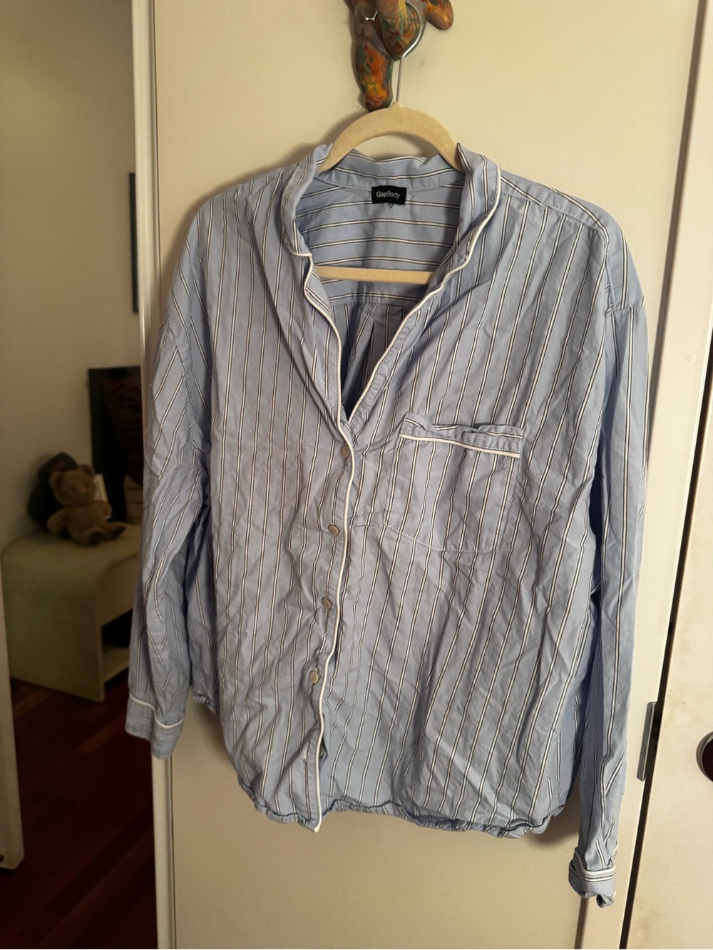 GapBody Blue Striped Poplin Pajama Top Piped Trim Size XL - Picture 2 of 5